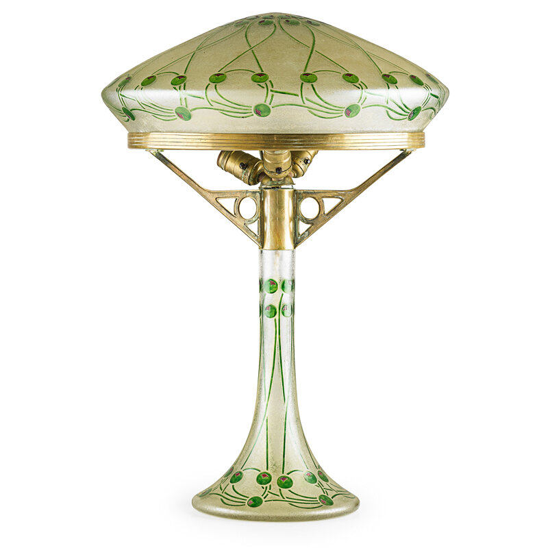 Ludwig Sutterlin, ‘Fritz Heckert, Judgenstil Table Lamp, Bohemia, Germany’, ca. 1910, Design/Decorative Art, Enameled and acid-eched glass, brass, three-sockets, Rago/Wright/LAMA/Toomey & Co.