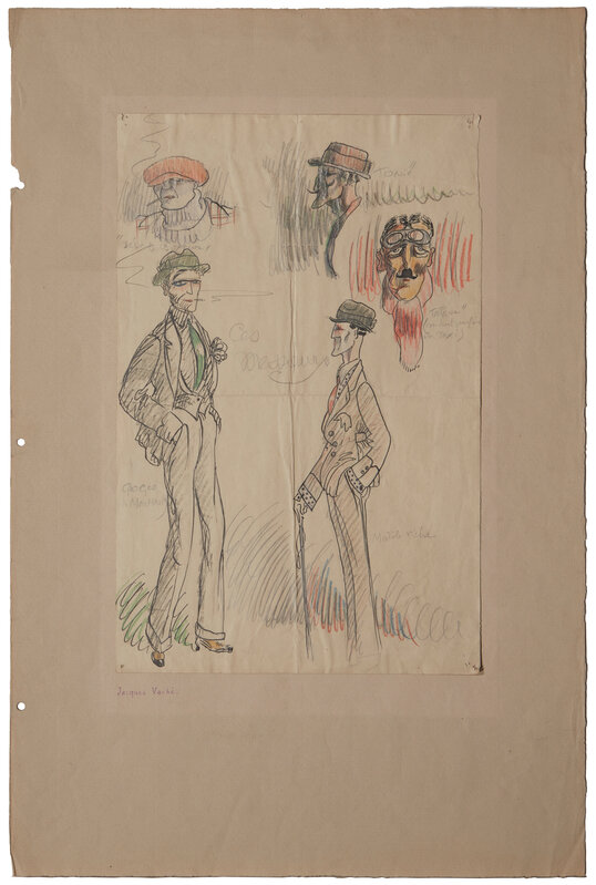 Jacques Vaché, ‘Ces Messieurs’, Drawing, Collage or other Work on Paper, Color pencil, pencil, and ink on paper laid to Arches paper under glass, John Moran Auctioneers