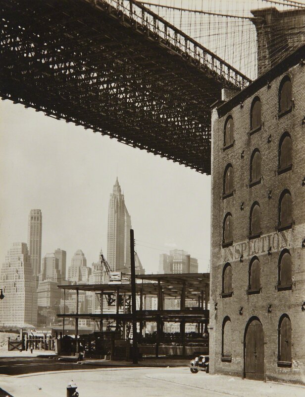 Berenice Abbott, ‘Brooklyn Bridge, Water and Dock Streets, Brooklyn’, 1936, Photography, Gelatin silver print, Phillips