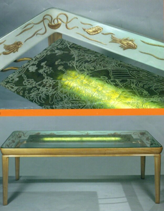 Osvaldo Borsani, ‘Dining room table’, ca. 1941, Design/Decorative Art, Solid maple with a tray frame, painted and sculpted with marine animals decorative motif figuring the myth of Ulisse, Top in thick crystal by Fontana Arte, Galleria Rossella Colombari