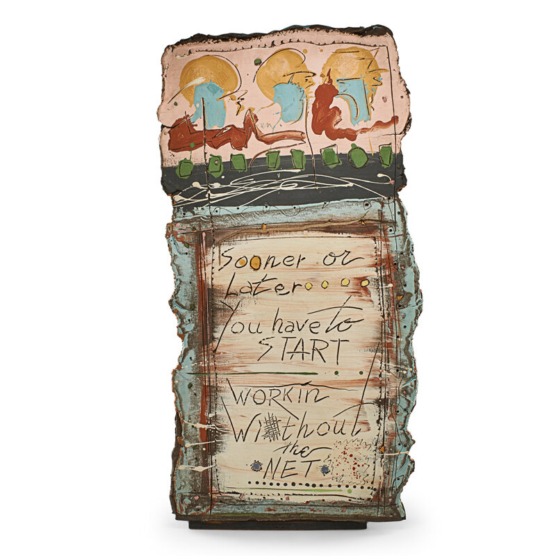 Don Reitz, ‘Fine massive sculpture from the Sarah Series, "Once You Accept Life is Difficult It Isn't / Figuring is Too Hard Knowing is Real / Sooner or Later You Have to Start Working Without the Net," USA’, Sculpture, Slip-painted, carved, and glazed stoneware, painted wood, Rago/Wright/LAMA/Toomey & Co.