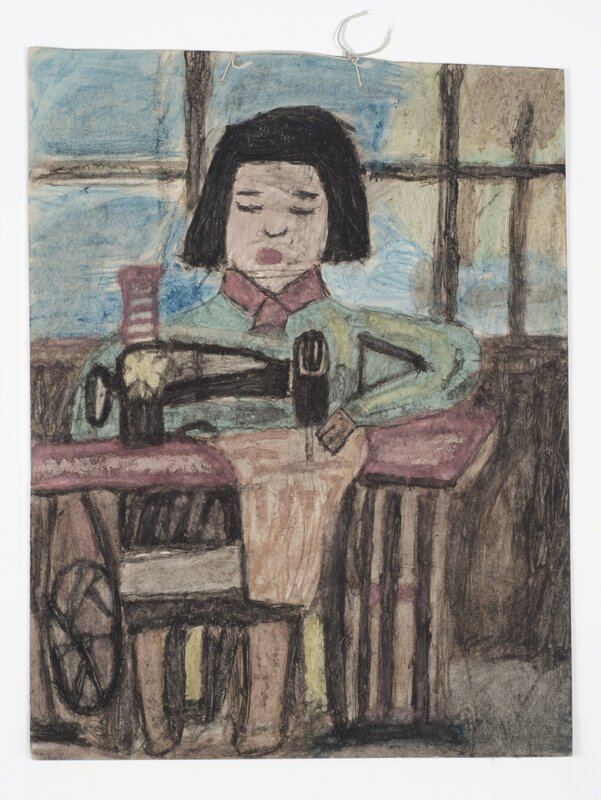 James Castle, ‘Untitled (Pulp drawing girl sewing)’, n.d., Drawing, Collage or other Work on Paper, Found paper, string and color of unknown origin, Fleisher/Ollman