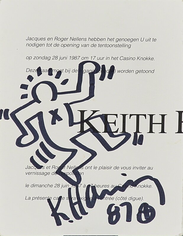 Keith Haring, ‘Marker on invitation card created the evening opening of the Keith Haring permanent mural at Casino Knokke, Belgium, Sunday, June 28, 1987’, 1987, Drawing, Collage or other Work on Paper, Marker on invitation card, Rago/Wright/LAMA