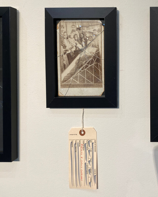 Marc Barker, ‘'Rapists and Drug Dealers' Photo from 'Immigrants Redacted' Mixed Media Installation by Marc Barker’, 2017-2020, Installation, Mixed Media Installation, Variable Height & Width, Frames with Broken Glass each with Vintage Photograph and a Redacted Toe Tag Labeling ‘Cause of Death’, Definitions for Labeled Slang Terms, 1515 Lincoln Gallery