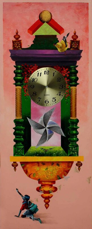 Pradosh Swain, ‘Longing Past IV : Wall clock, bright pink and metalic color in acrylic on canvas’, 2011, Painting, Acrylic on canvas, Gallery Kolkata