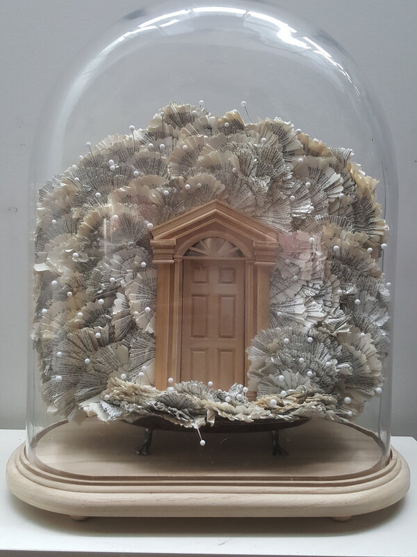 Sai-Wai Foo, ‘House of Vapour and Mist’, 2019, Sculpture, Mixed media Assemblage; Pleated book papers, timber doll’s house door and frame, cardboard, felt, glass head pins, thread, silver plated claw foot dish. Housed in glass bell dome with raw timber base., Wagner Contemporary