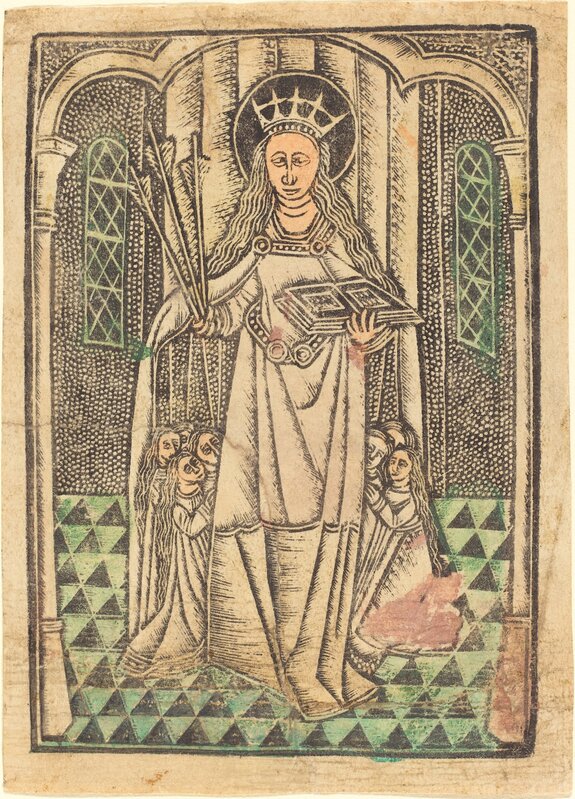 ‘Saint Ursula as Protectress’, in or after 1480, Print, Metalcut, hand-colored in light green, flesh, and rose, National Gallery of Art, Washington, D.C.