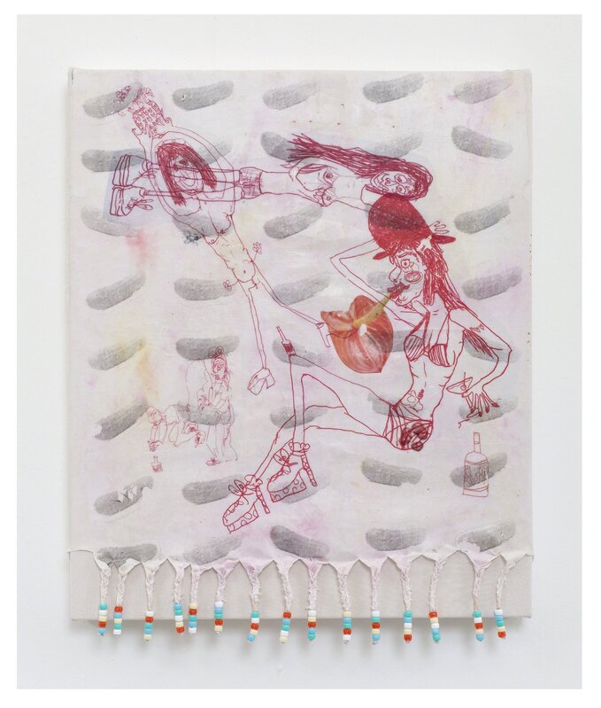 Athena Papadopoulos, ‘Honeymoon in Pickle Paradise (Temptation Island) III’, 2014, Painting, Image transfers, Pepto Bismol, Berocca, acrylic beads, tin foil, thread and glue on cotton/linen over mesh and canvas, Supportico Lopez
