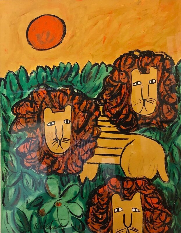 Lionel Kalish, ‘Original Oil Painting "LIONS" in a Modernist Illustration Graphic Style’, 1960-1969, Painting, Paper, Oil Paint, Lions Gallery