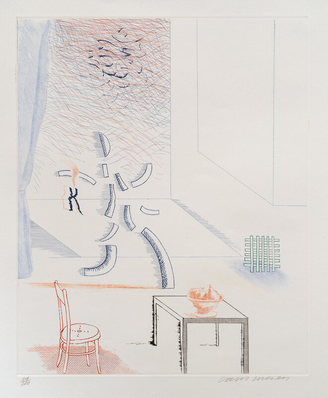 David Hockney, ‘Tick It, Tock It, Turn It True, from the Blue Guitar (S.A.C. 213, M.C.A.T. 192)’, 1976-77, Print, Etching and aquatint in colors, on Inveresk paper, with full margins., Phillips
