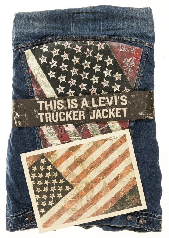 Shepard Fairey, ‘Mayday: Levi's Trucker Jacket set’, 2011, Fashion Design and Wearable Art, The denim artist's jacket with the hand-applied printed fabric design verso, Forum Auctions