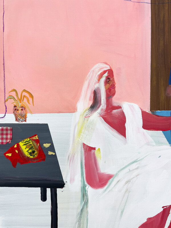 Grace Metzler, ‘Church basement hang before the big 'I do's'’, 2022, Painting, Oil and acrylic on canvas, V1 Gallery