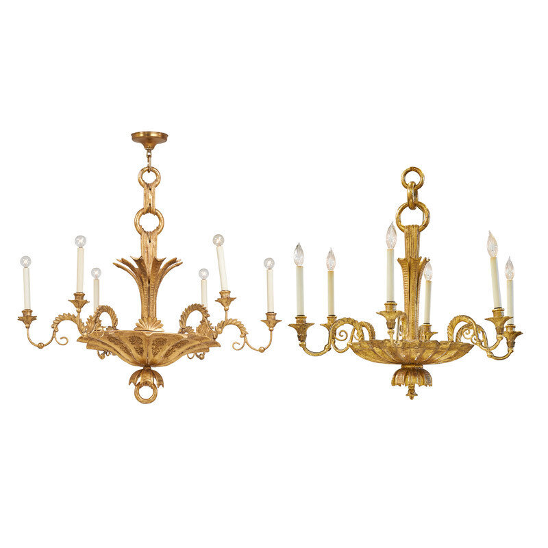 ‘Associated Pair of Giltwood Carved Chandeliers’, Design/Decorative Art, Giltwood chandeliers with six lights with carved foliate decoration, Rago/Wright/LAMA/Toomey & Co.