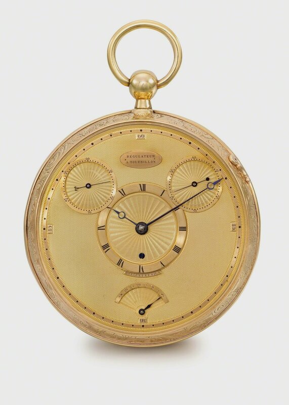 Abraham-Louis Breguet, ‘Tourbillon watch’, 1809, Fashion Design and Wearable Art, Engraved gold case, gold dial with Roman numerals for the hours, three subdials for running seconds (on the left), for seconds on demand (right) and for the power reserve (below); gilt metal 24-lignes half-plate movement with inverted fusée, natural escapement fitted in a two-armed carriage performing one turn every four minutes, Legion of Honor