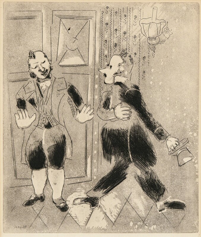 Marc Chagall, ‘Le suisse ne laisse pas entrer Tchitchikov’, 1923-27, Print, Etching and aquatint on paper, Skinner