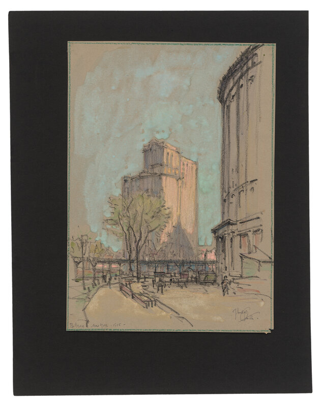 Jules Andre Smith, ‘A View of Battery Park Featuring the Whitehall Buildings (1902 and 1910)’, 1915, Drawing, Collage or other Work on Paper, Black chalk, coloured pencils, watercolour and gouache on brown paper; framing lines in green pencil, Christopher Bishop Fine Art 