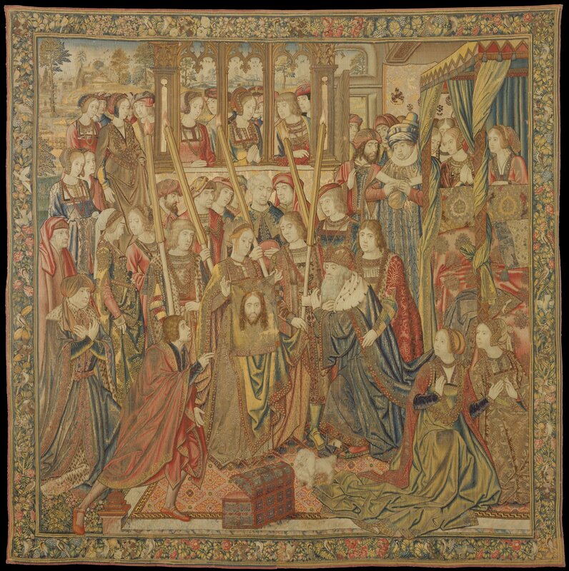 Unknown Flemish, ‘Emperor Vespasian Cured by Veronica's Veil’, ca. 1510, Textile Arts, Wool, silk, and gilt-metal-strip-wrapped silk in slit, dovetailed, and double interlocking tapestry weave, The Metropolitan Museum of Art