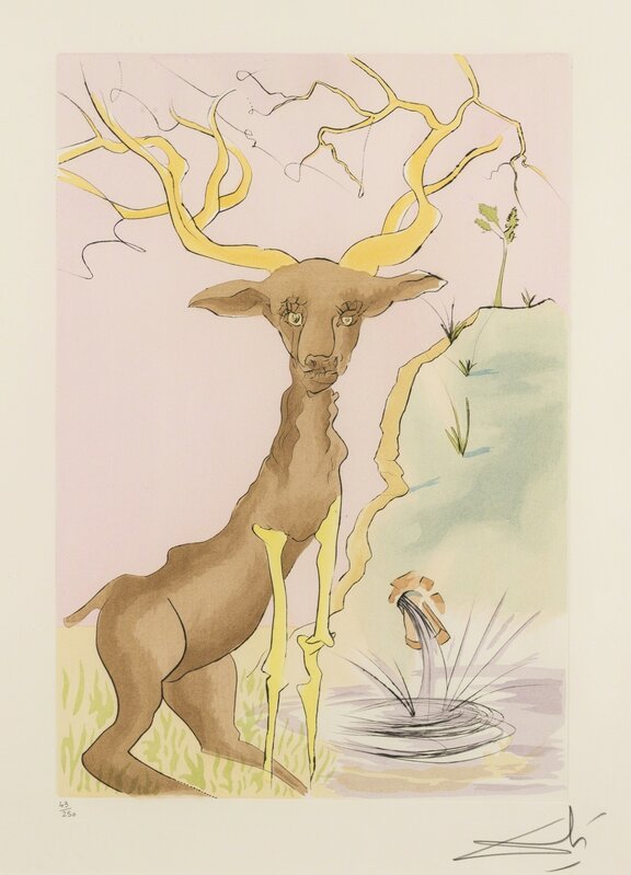 Salvador Dalí, ‘The Stag Reflected in the Water (from La Fontaine's Bestiary Dalinized) (M & L 659; FIeld 74-1-G)’, 1974, Print, Drypoint etching with pochoir printed in colours, on Arches paper, Forum Auctions