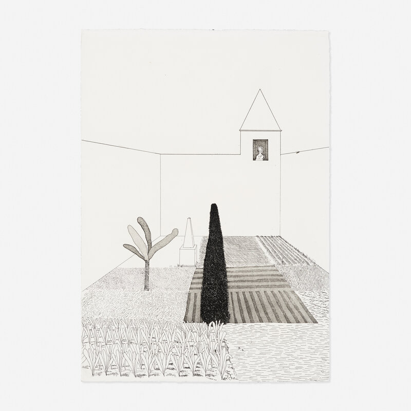 David Hockney, ‘Rapunzel Growing in The Garden from Illustrations for Six Fairy Tales from the Brothers Grimm’, 1969, Print, Etching and aquatint, Rago/Wright/LAMA