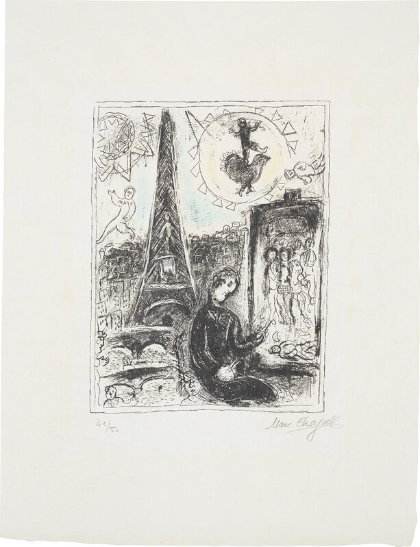 Marc Chagall, ‘La Peintre á la Tour Eiffel (The Painter at the Eiffel Tower) (M. 949)’, 1979, Print, Lithograph in colours, on Japon nacré paper, with full margins., Phillips