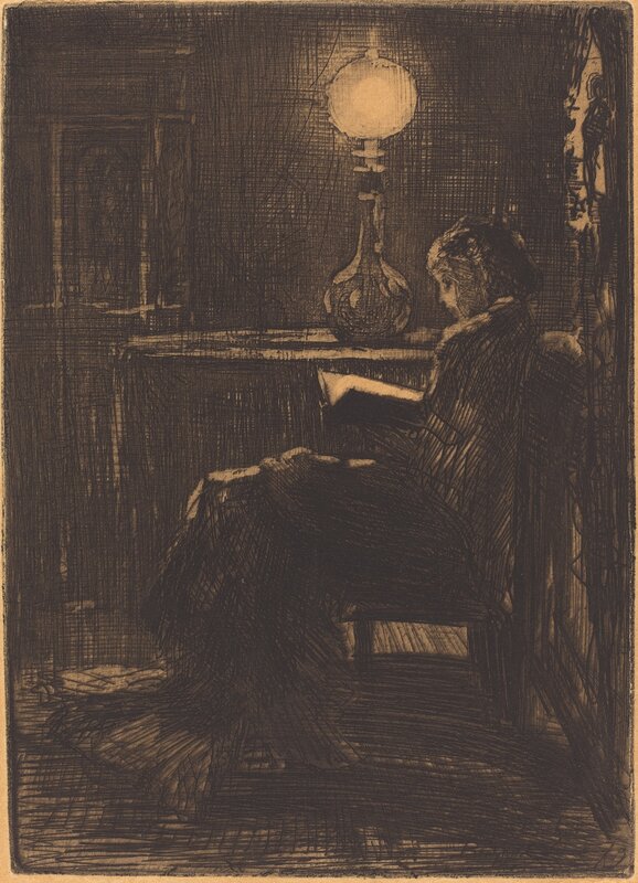 Félix Hilaire Buhot, ‘Liseuse à la Lampe (Woman Reading by Lamplight)’, 1879, Print, Etching with scraping and burnishing in black on brown wove paper, National Gallery of Art, Washington, D.C.