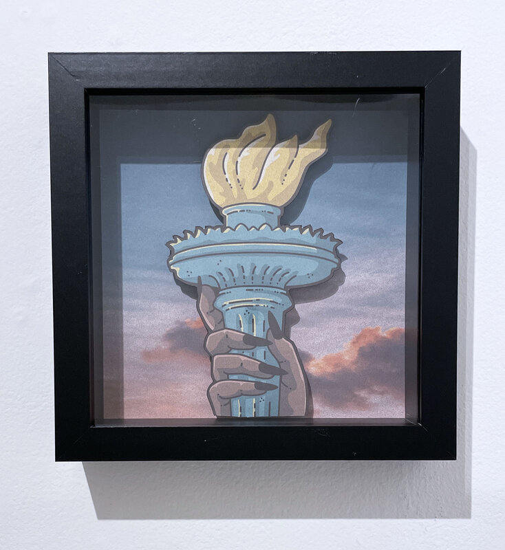 Marisa Velázquez-Rivas, ‘La Antorcha de Libertad’, 2022, Drawing, Collage or other Work on Paper, Digital illustration on layered cardstock in shadowbox, Deep Space Gallery
