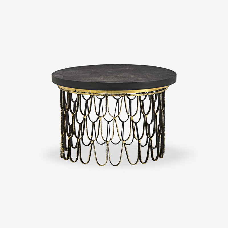 Paul Evans (1931-1987), ‘Loop occasional table, New Hope, PA’, 1960s, Design/Decorative Art, Enameled and gilt wrought iron, gilt wood, cleft slate, Rago/Wright/LAMA/Toomey & Co.