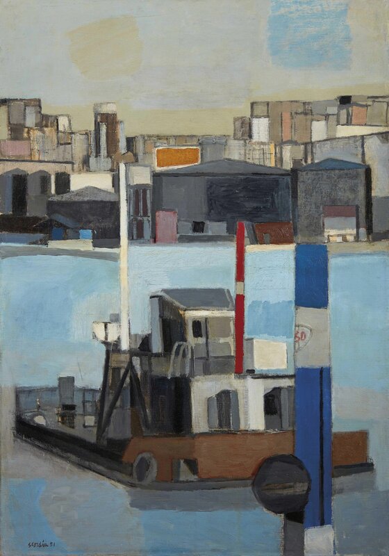 Antonio Scordia, ‘Coastal storage and barge’, executed in 1951, Painting, Oil on canvas, Pandolfini