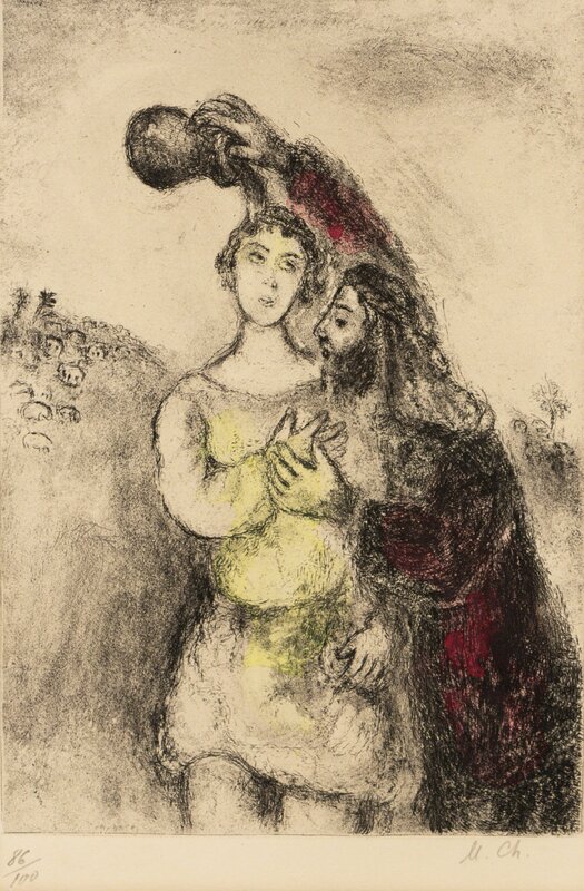 Marc Chagall, ‘The Anointing of Saul from The Bible’, 1958-1960, Print, Handcolored Etching, Hindman