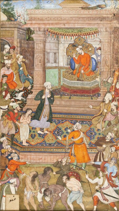 Basawan, ‘A Court Scene, Folio from a Manuscript of Sadi's Gulistan (Rose Garden) ’, 1596, Drawing, Collage or other Work on Paper, Opaque watercolor, gold, and ink on paper, Los Angeles County Museum of Art
