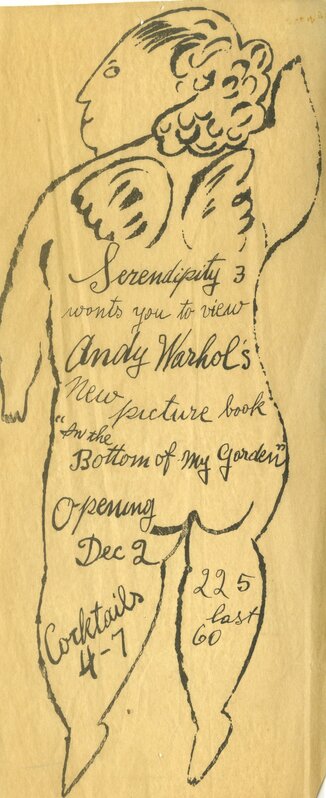 Andy Warhol, ‘Extremely rare, early hand made invitation to book launch of "In the Bottom of My Garden" Serendipity 3’, ca. 1954, Drawing, Collage or other Work on Paper, Rare invitation designed by Warhol on rice paper, Alpha 137 Gallery
