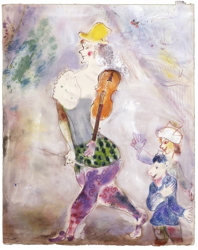 Marc Chagall, ‘A Clown Playing the Violin (Clown jouant au violon)’, 1941–42, Drawing, Collage or other Work on Paper, Watercolor, pastel, and pencil on paper, Dallas Museum of Art