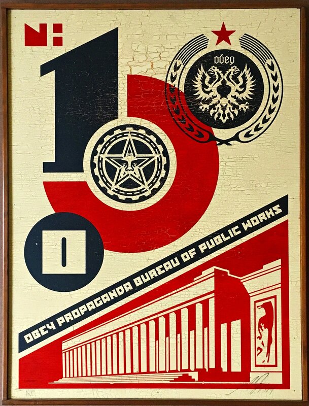 Shepard Fairey, ‘Bureau of Public Works (on Wood)’, 2004, Mixed Media, Mixed media silkscreen on wood panel. Hand signed and annotated on both the recto and verso. In original handmade artist's frame., Alpha 137 Gallery