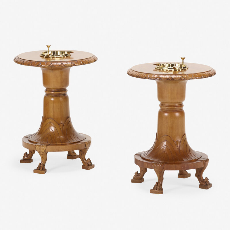 T.H. Robsjohn-Gibbings, ‘side tables from Casa Encantada, Bel Air, pair’, 1937, Design/Decorative Art, Carved maple, brass, ash veneer, Rago/Wright/LAMA/Toomey & Co.