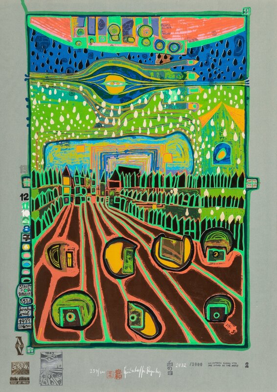Friedensreich Hundertwasser, ‘Street for Survivors, from Look At It on a Rainy Day’, 1971-72, Print, Screenprint in colors with metal imprints on blue-grey laid paper., Heritage Auctions