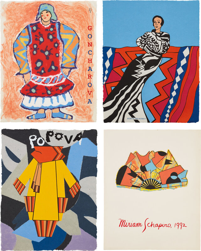 Miriam Schapiro, ‘Delaunay, Goncharova, Popova and Me.’, 1992, Print, The complete set of three screenprints in colors, on various handmade papers, the full sheets, with the justification all contained in the original cover folder with handmade dimensional fan, hand-painted in paper pulp on the cover., Phillips