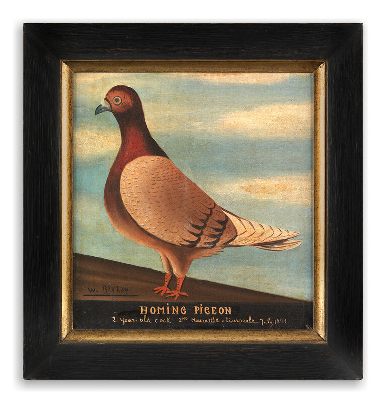 W. Bishop, English Naïve School, ‘Boldly Graphic Pair of Primitive Homing Pigeon Portraits ’, English, Signed, Inscribed and Dated "1887 and 1892" Respectively, Painting, Oils on Metal, Robert Young Antiques