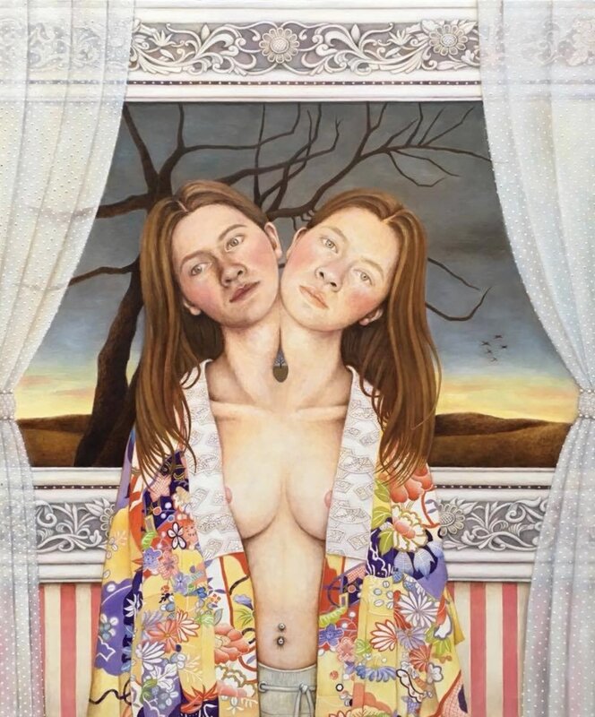 Chikako Okada, ‘Lovers / oil on wood, twin sisters surreal conjoined’, 2018, Painting, Oil on wood panel, Andra Norris Gallery