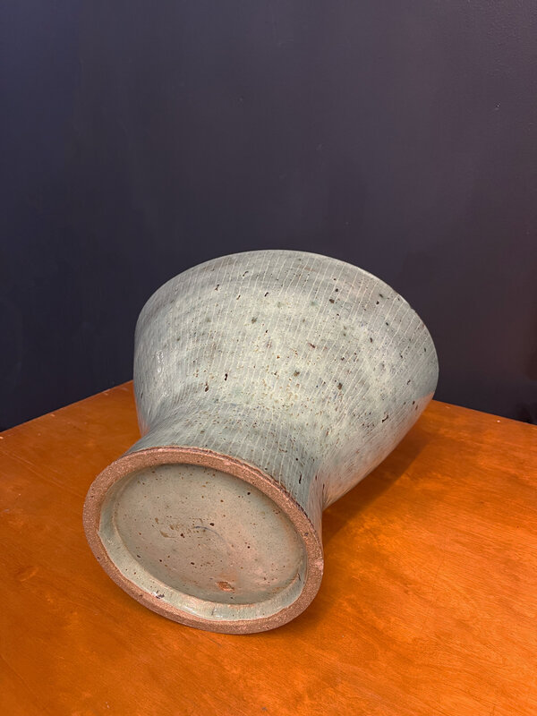 Lucie Rie, ‘Large Oval Vase ’, ca. 1970, Design/Decorative Art, Stoneware vase with squeezed rim and inlaid lines covered in pale copper green glaze, Contemporary Six