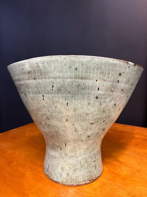 Lucie Rie, ‘Large Oval Vase ’, ca. 1970, Design/Decorative Art, Stoneware vase with squeezed rim and inlaid lines covered in pale copper green glaze, Contemporary Six