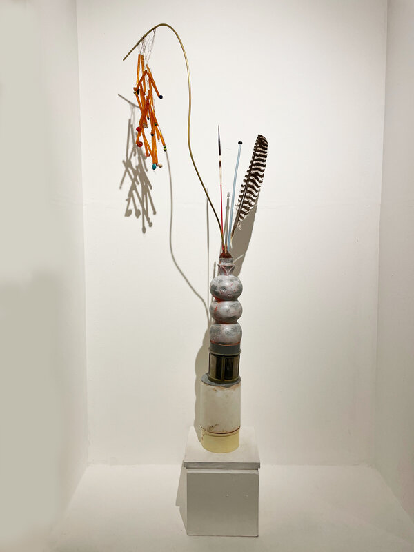 HelenA Pritchard, ‘Still Life Vertical 83’, 2020, Mixed Media, Porcupine quill, buzzard feather, murano glass, brass, knitting needles, plastic straw, chopstick, plaster, steel, wood, household paint, wax, brass thread, TJ Boulting