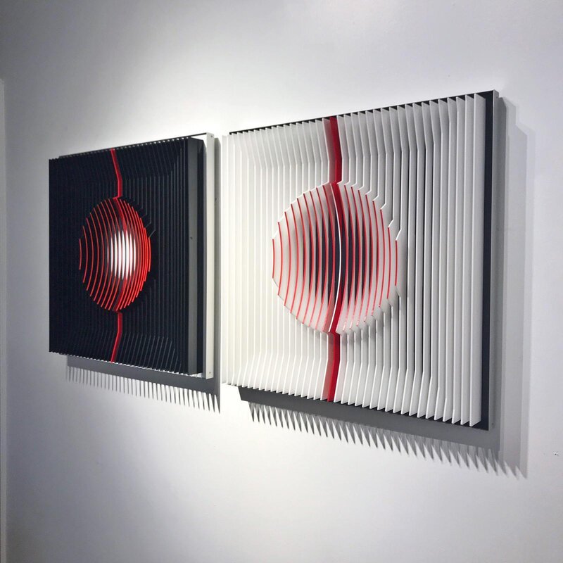 J. Margulis, ‘Red filled Moons - kinetic wall sculpture by J. Margulis’, 2017, Sculpture, Lucite sheets, Aluminum core, acrylic color, Contempop Gallery