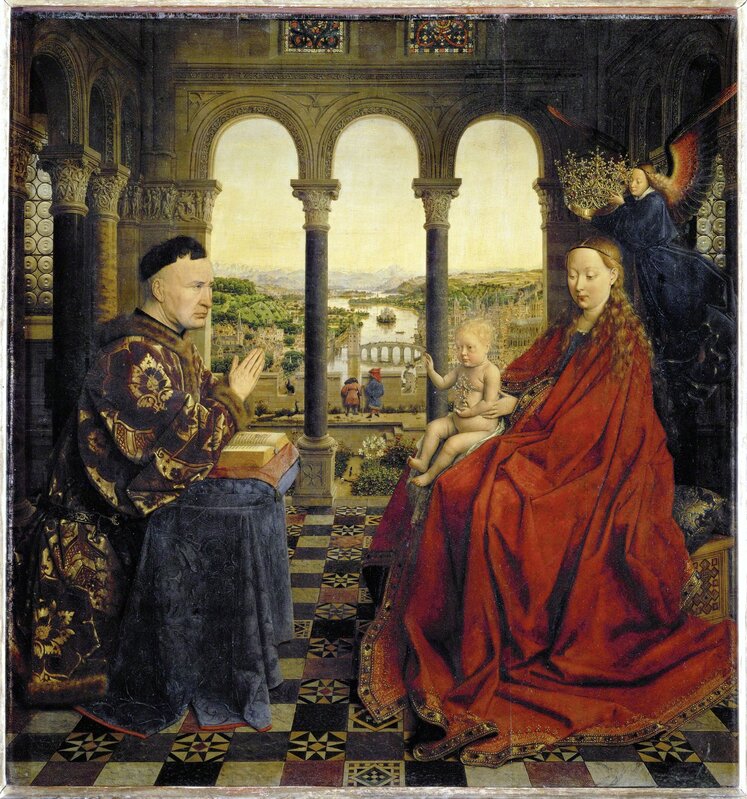 Jan van Eyck, ‘Le Chancelier Rolin en prière devant la Vierge (The Virgin of Chancellor Rolin)’, ca. 1430, Painting, Oil on panel, Musée du Louvre