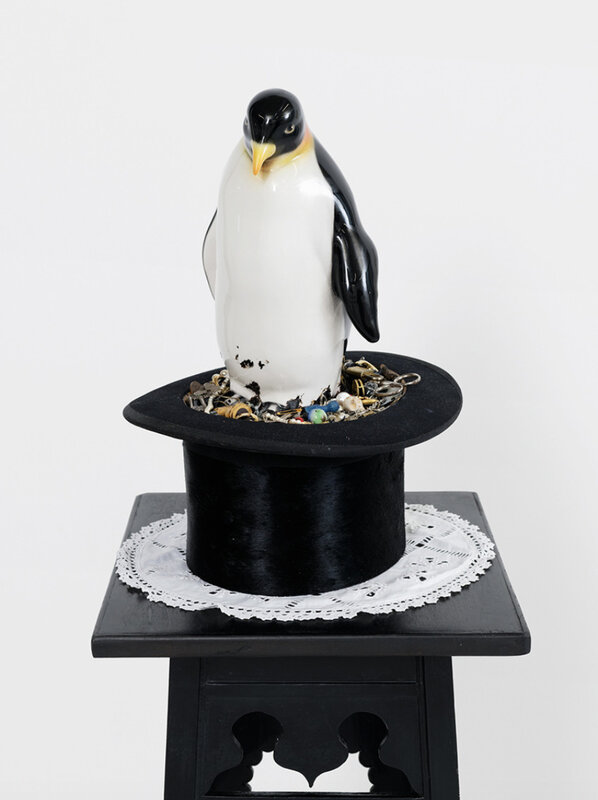 Mark Dion, ‘Top hat’, 2021, Sculpture, Ceramic penguin, various trinkets, top hat, doily, wooden stand, In Situ - Fabienne Leclerc