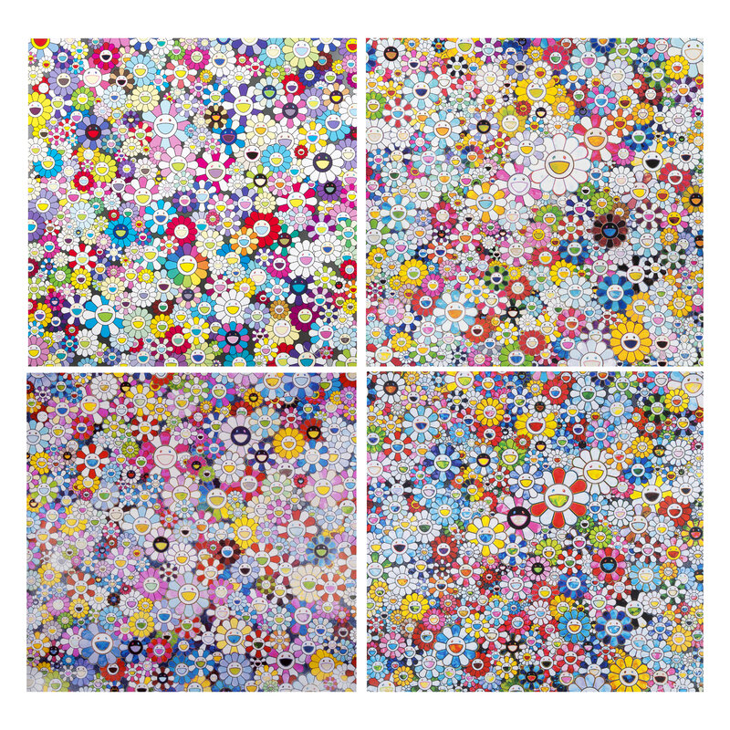 Takashi Murakami, ‘Shangri-La (4): Flowers with Smiley Faces; When I close My Eyes, I See Shangri-La; Shangri-La Shangri-La Shangri-la; Bouquet of Love’, 2013; 2012; 2016; 2012, Print, Offset lithograph on paper (each), Julien's Auctions
