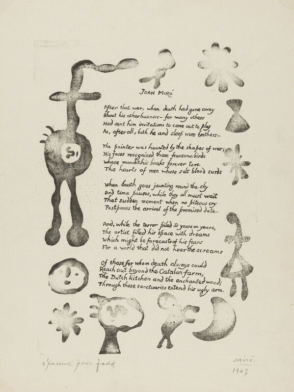 Joan Miró, ‘Ruthven Todd. A Poem For Joan Miro Plate III (Cramer Books 14)’, 1947, Print, Engraving with etching printed in black on wove paper, Forum Auctions