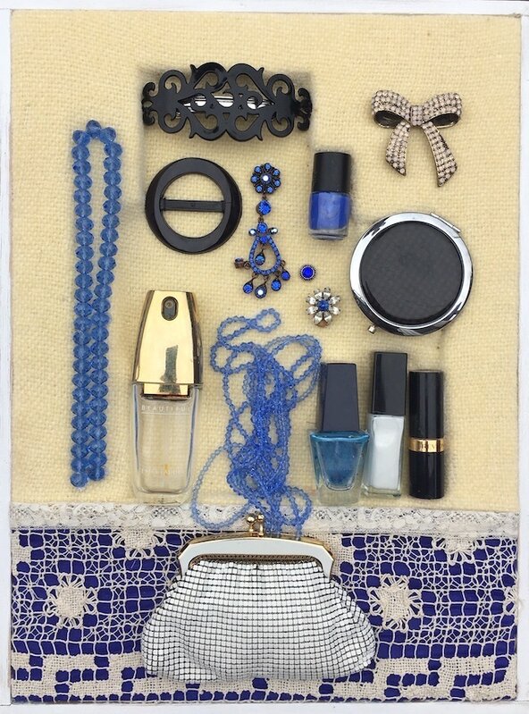 Susan O'Doherty, ‘Blue’, 2018, Installation, Necklace, hairclips, brooch, earrings, perfume bottle, nail polish, lipstick, glomesh purse, belt buckle, textiles, paint and wood, Art Atrium