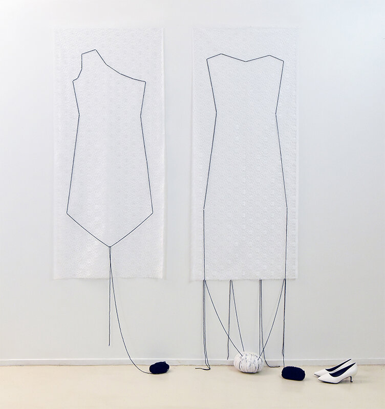 Annette Turrillo, ‘Instalacion La Poétique du Silence (pieza unica)’, 2020, Mixed Media, Lace fabric, knitting yarn, women's shoes, RoFa Projects