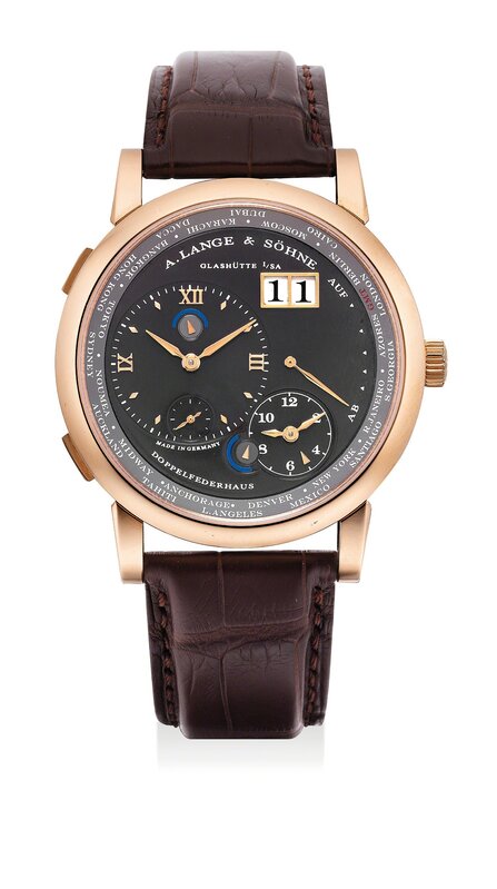 A. Lange & Söhne, ‘A fine and rare pink gold dual and world-time wristwatch with date, power reserve, night/day indications and grey dial’, Circa 2012, Fashion Design and Wearable Art, 18K pink gold, Phillips