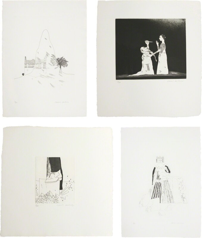 David Hockney, ‘The Glass Mountain; Old Rinkrank Threatens the Princess; Digging up Glass; and The Rescued Princess, plates 29, 30, 31 and 33 from Illustrations for Six Fairy Tales from the Brothers Grimm’, 1969, Print, Four etchings, three with aquatint and two with soft-ground etching, on Hodgkinson hand-made wove paper watermarked 'DH / PP', with full margins, Phillips